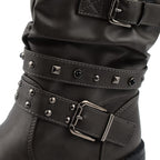 Ladies Leatherette Easy Zip Up Decorative Studded Strap Chunky Ankle Boots (Size 4) - Grey