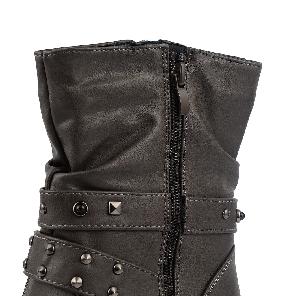 Ladies Leatherette Easy Zip Up Decorative Studded Strap Chunky Ankle Boots (Size 4) - Grey