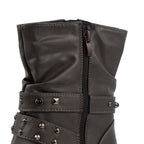 Ladies Leatherette Easy Zip Up Decorative Studded Strap Chunky Ankle Boots (Size 4) - Grey