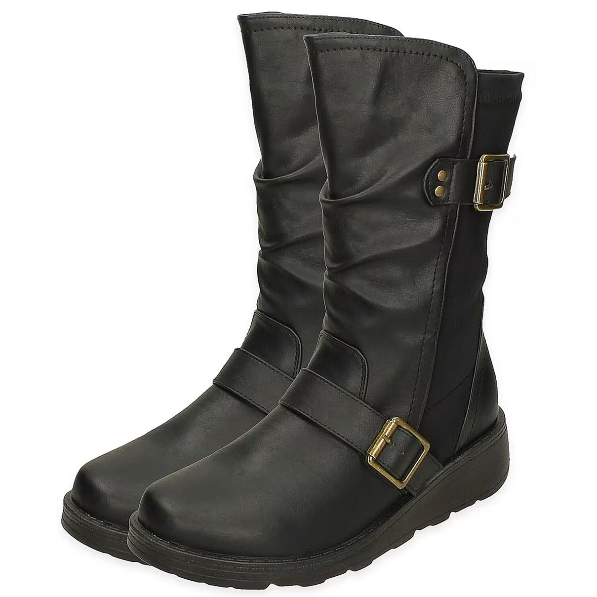 Ladies Mid Wedge Sole High EEE Wide Fit Boots with 2 Buckle Straps - Black V32373428 0