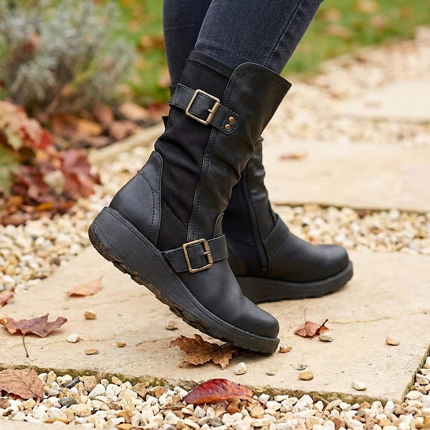 Ladies Mid Wedge Sole High EEE Wide Fit Boots with 2 Buckle Straps - Black V32373428 3