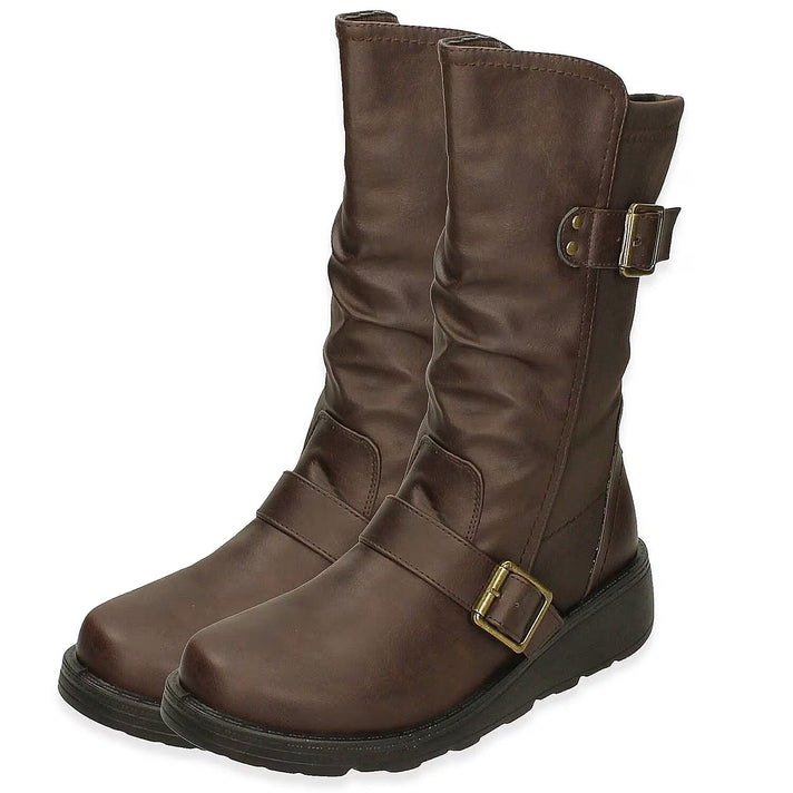 Ladies Mid Wedge Sole High EEE Wide Fit Boots with 2 Buckle Straps - Brown 7960426 1