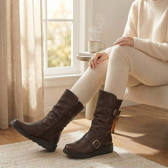 Ladies Mid Wedge Sole High EEE Wide Fit Boots with 2 Buckle Straps - Brown 7960426 2