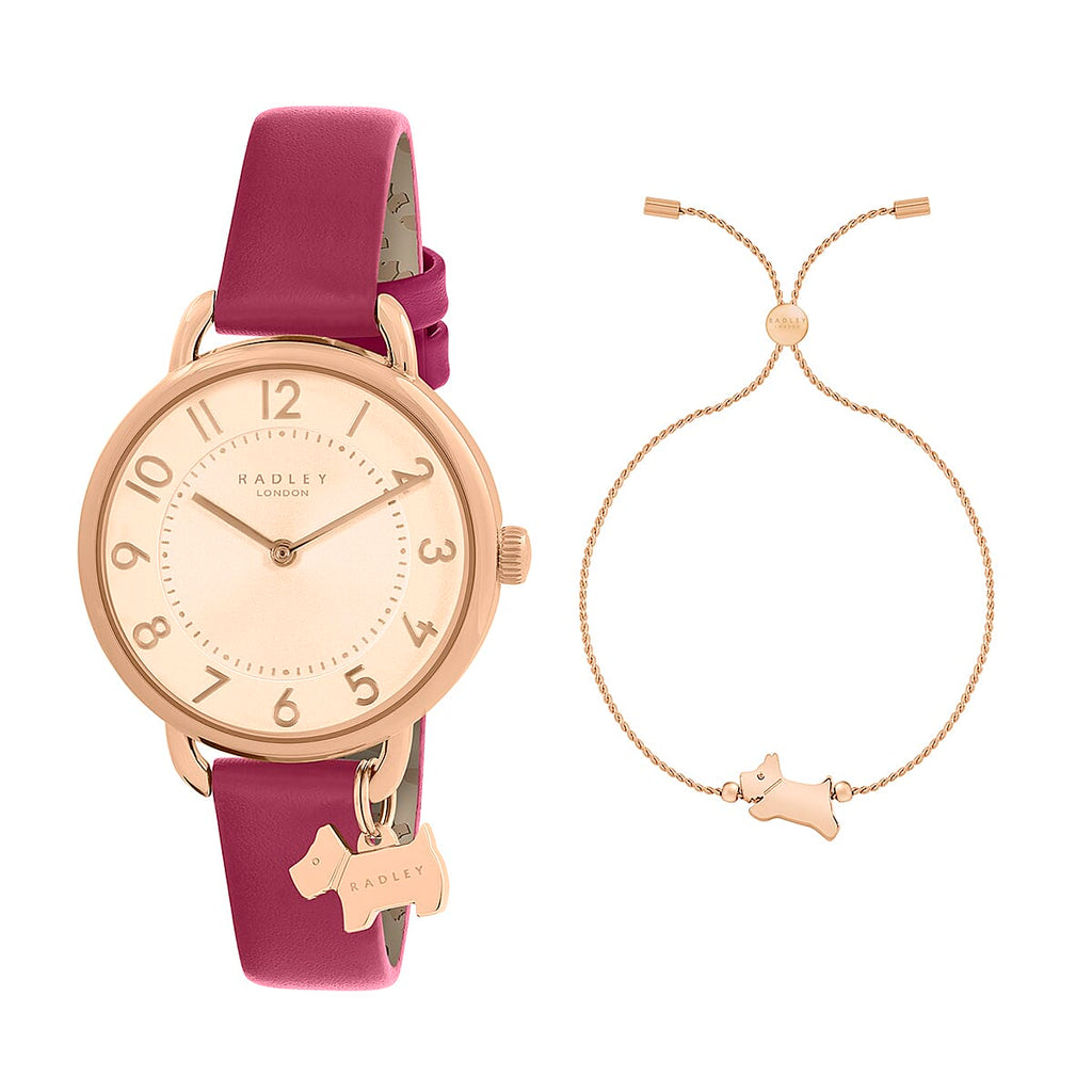 Ladies Radley Watch Set with 18ct Rose Gold Plated Fine Twist Slider Bracelet (Size 7.5 Adjustable) Water Resistant - Pink