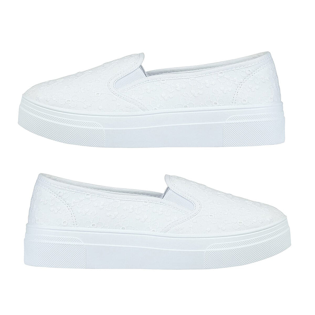 URBAN JACKS Ladies Twin Gusset Embroidery Anglaise Canvas on Platform Sole (Size 3) - White