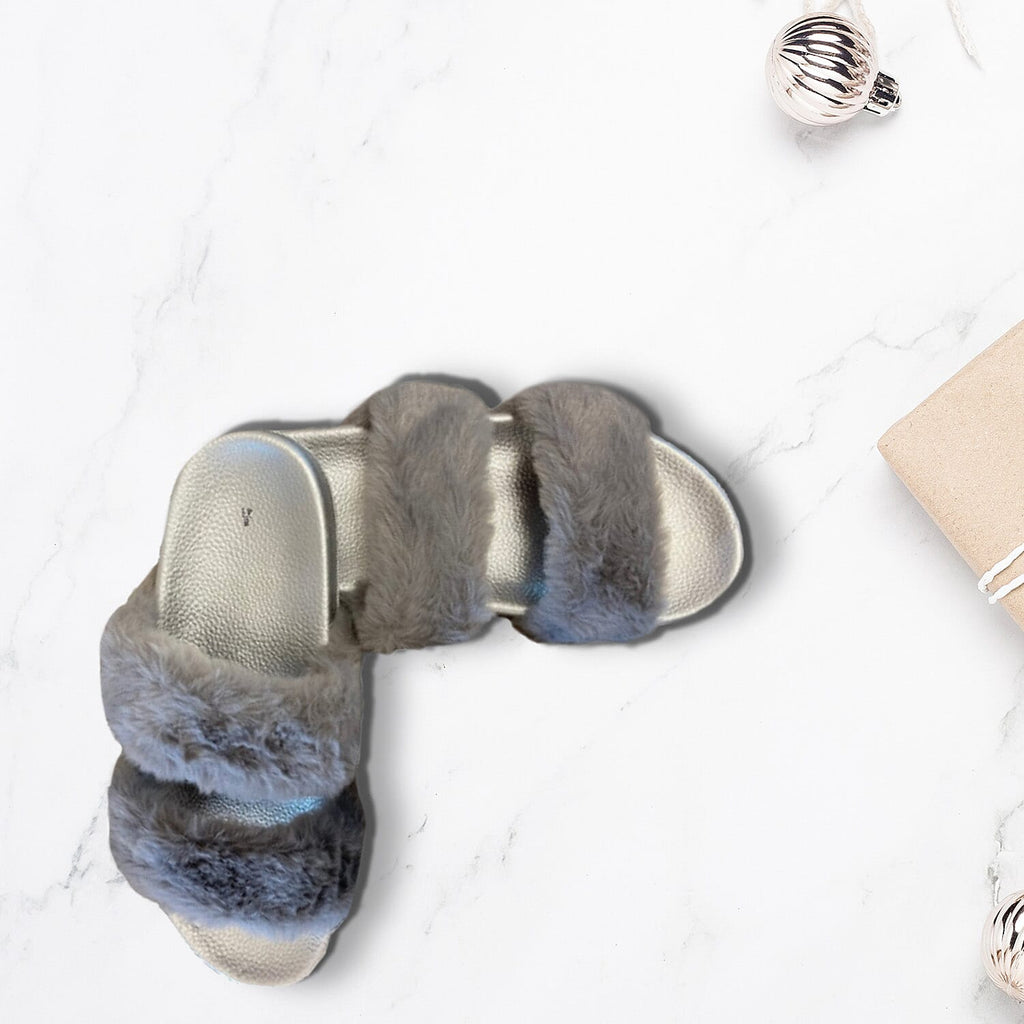 Ladies Faux Fur Slider Slippers (Size 3) - Grey