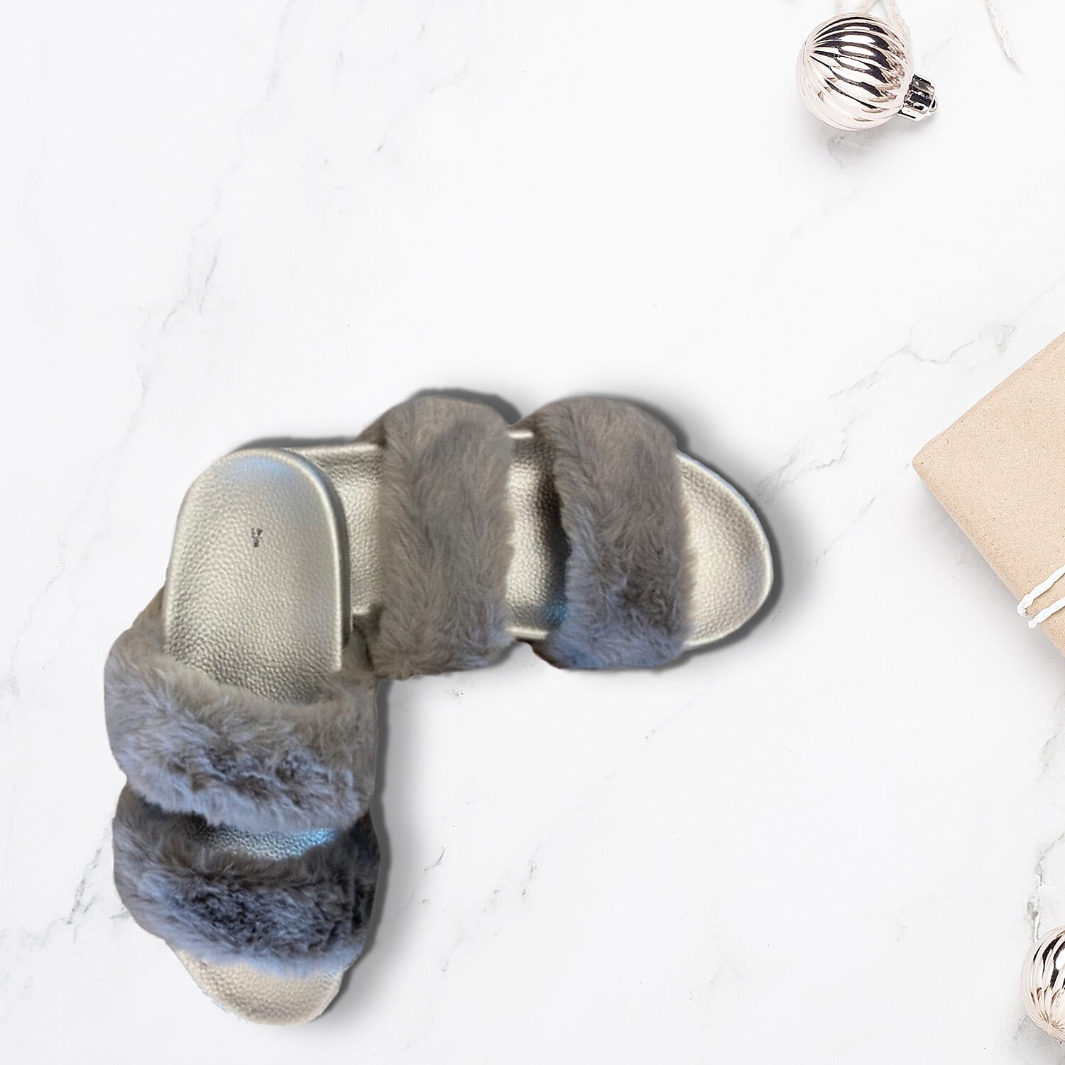 Ladies Summer Faux Fur Slider Slipper Grey 6367496 2