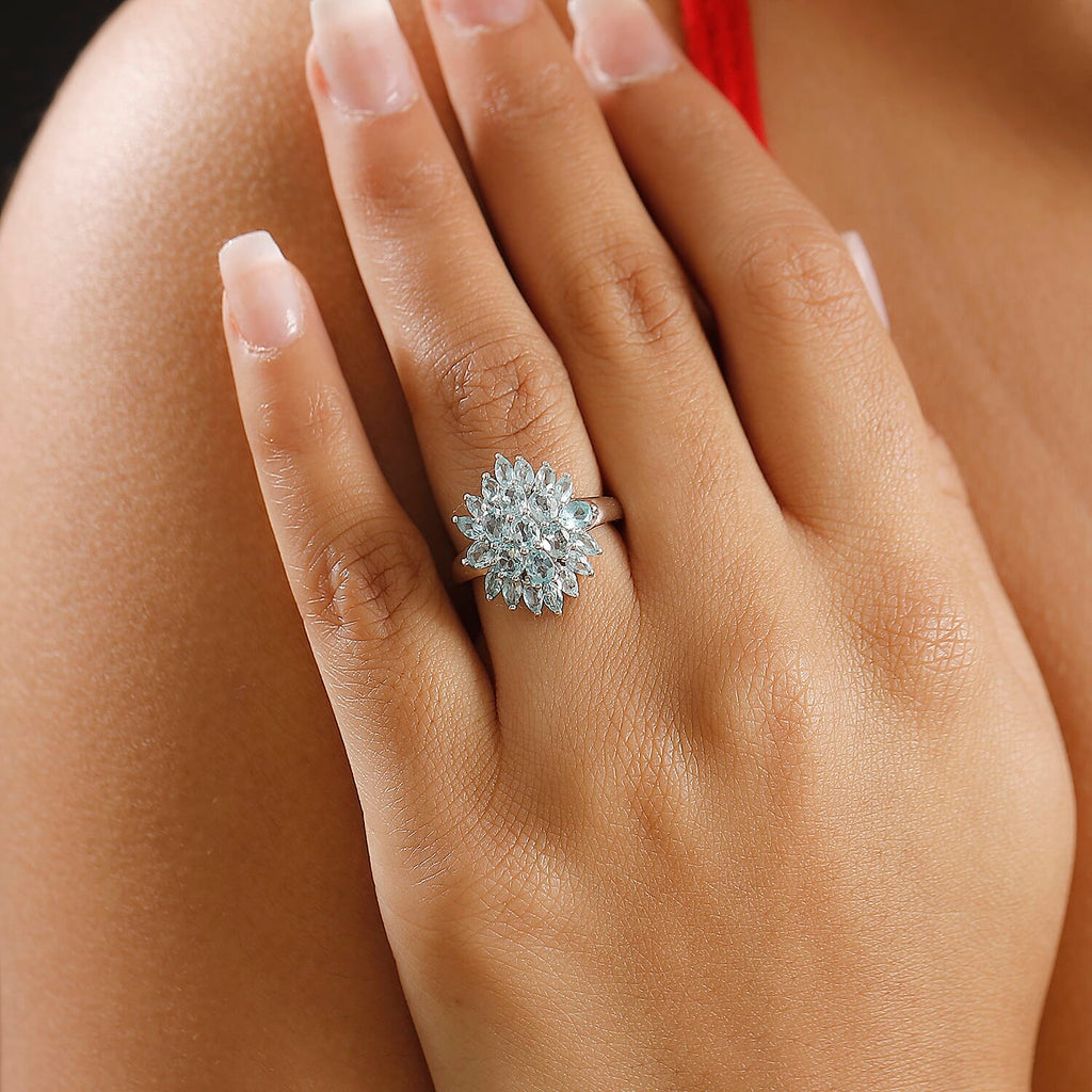 Lagoon Apatite Cluster Ring in Rhodium Overlay Sterling Silver 3.28 Ct.