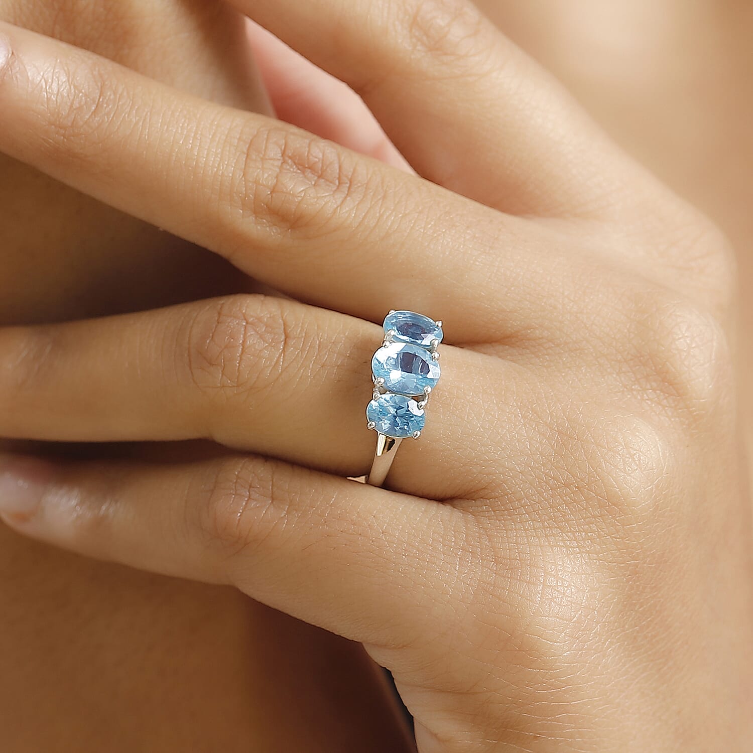 Lagoon Apatite 3-Stone Ring in Rhodium Overlay Sterling Silver 2.64 Cts. 7970042 3