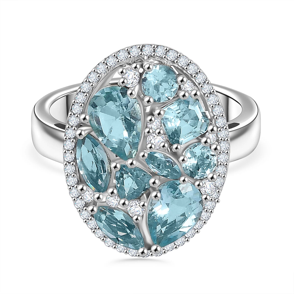Blue Lagoon Apatite &amp; White Zircon Cluster Ring in Rhodium Overlay Sterling Silver 4.64 Ct. 7934806 0