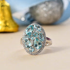 Blue Lagoon Apatite & White Zircon Cluster Ring in Rhodium Overlay Sterling Silver 4.64 Ct.