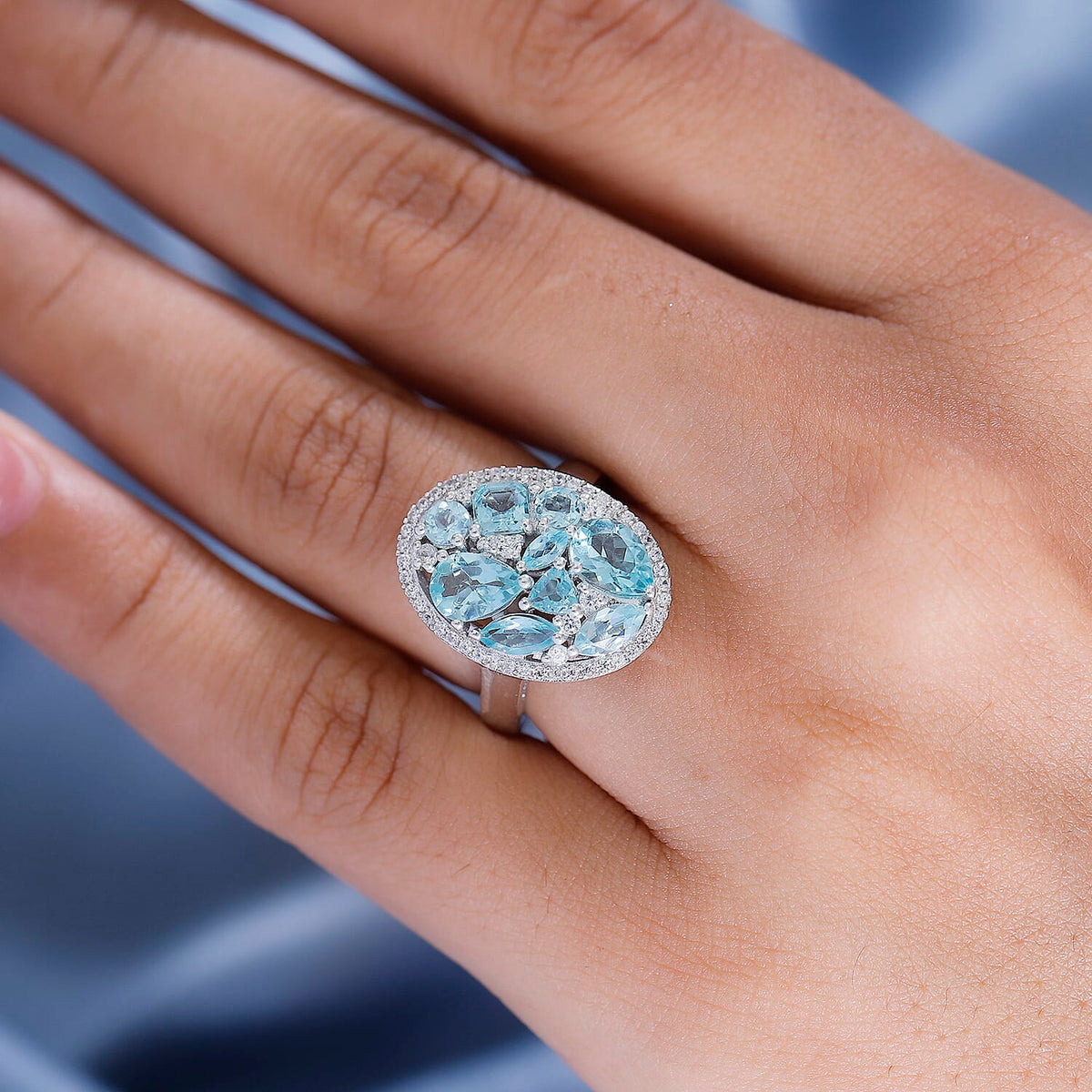Blue Lagoon Apatite &amp; White Zircon Cluster Ring in Rhodium Overlay Sterling Silver 4.64 Ct. 7934806 3