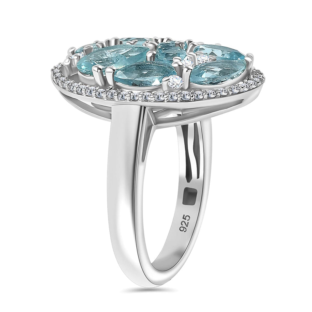 Blue Lagoon Apatite & White Zircon Cluster Ring in Rhodium Overlay Sterling Silver 4.64 Ct.