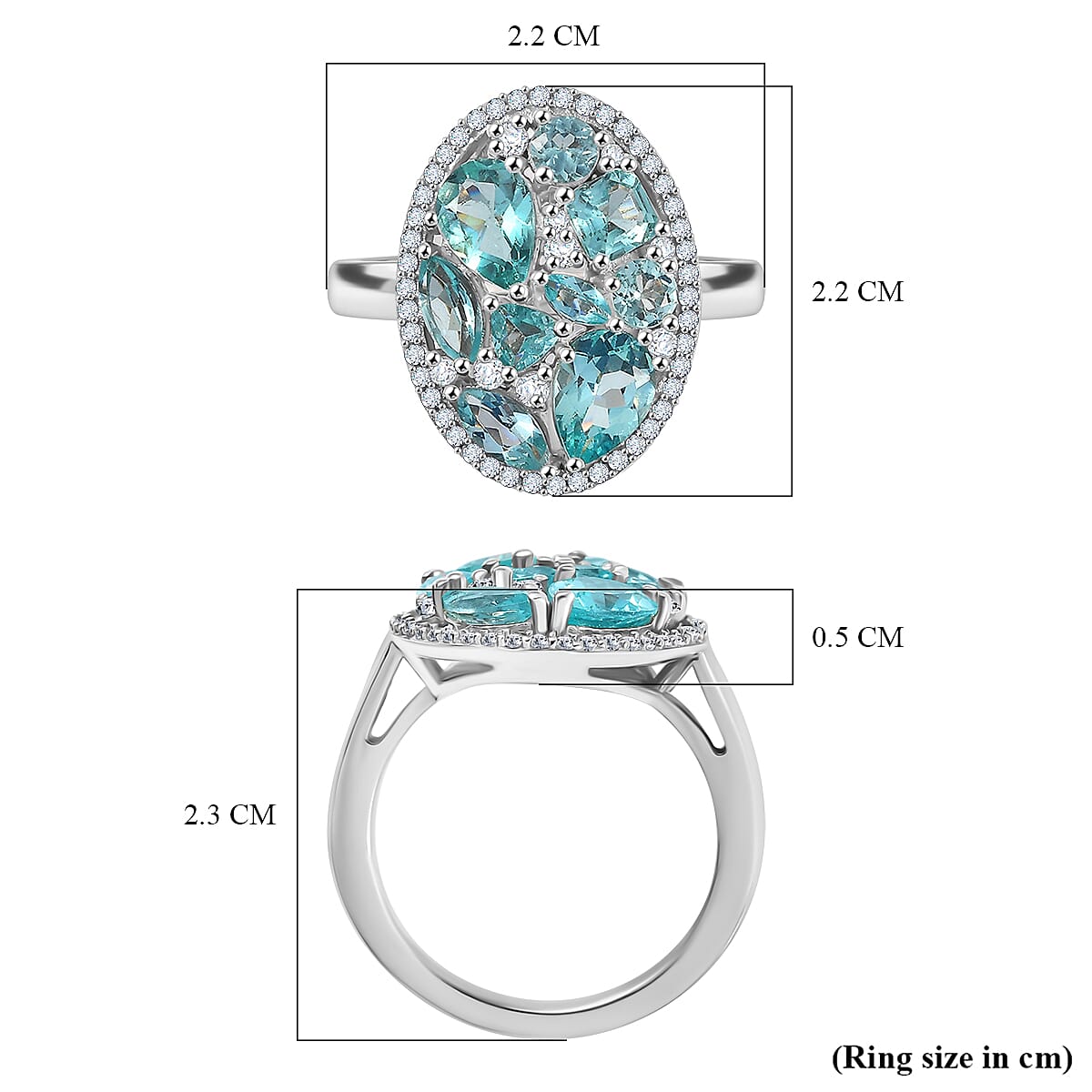 Blue Lagoon Apatite &amp; White Zircon Cluster Ring in Rhodium Overlay Sterling Silver 4.64 Ct. 7934806 6