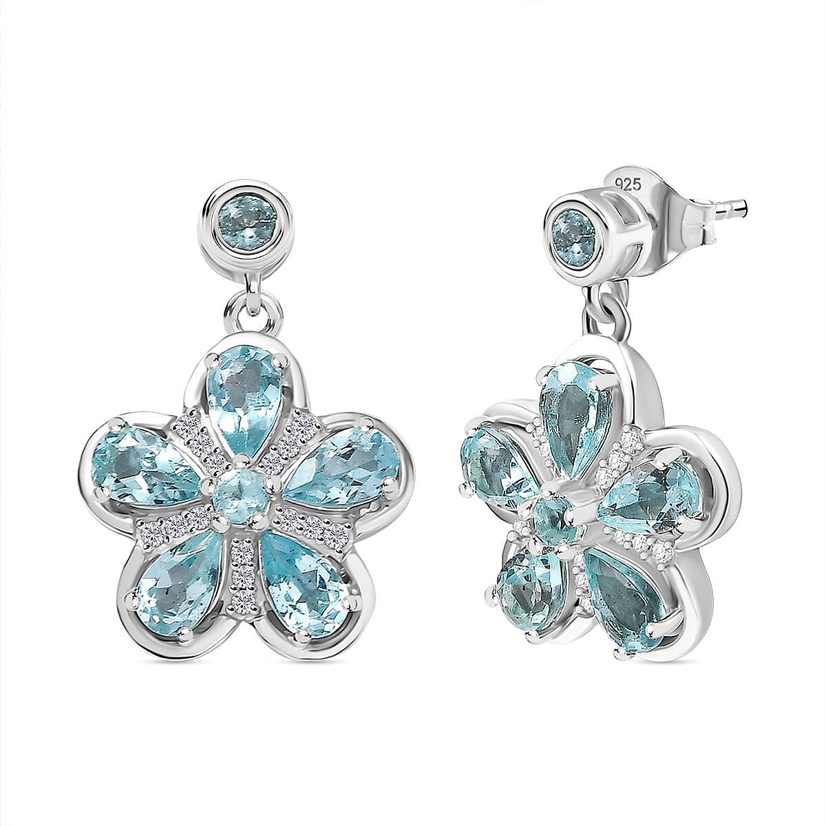 Lagoon Apatite &amp; White Zircon Dangling Earring with Push Back in Rhodium Overlay Sterling Silver 2.82 Ct. 8064478 0