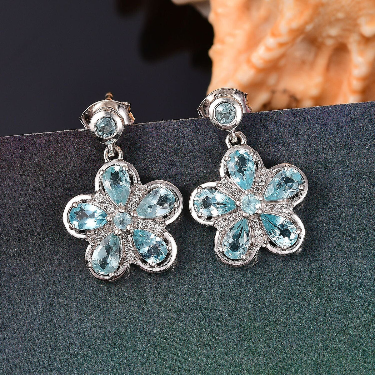 Lagoon Apatite &amp; White Zircon Dangling Earring with Push Back in Rhodium Overlay Sterling Silver 2.82 Ct. 8064478 2