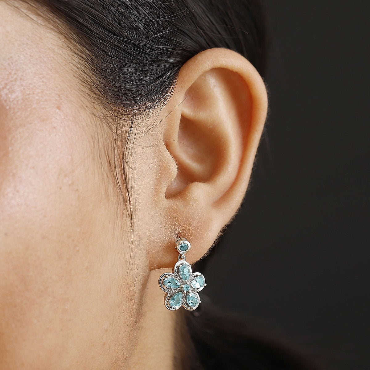 Lagoon Apatite &amp; White Zircon Dangling Earring with Push Back in Rhodium Overlay Sterling Silver 2.82 Ct. 8064478 3