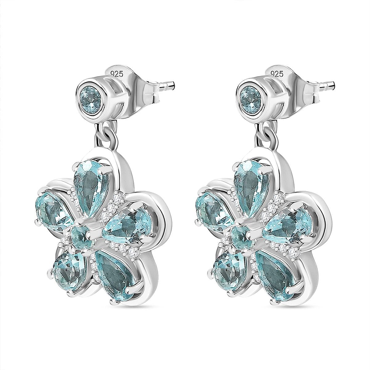 Lagoon Apatite &amp; White Zircon Dangling Earring with Push Back in Rhodium Overlay Sterling Silver 2.82 Ct. 8064478 4