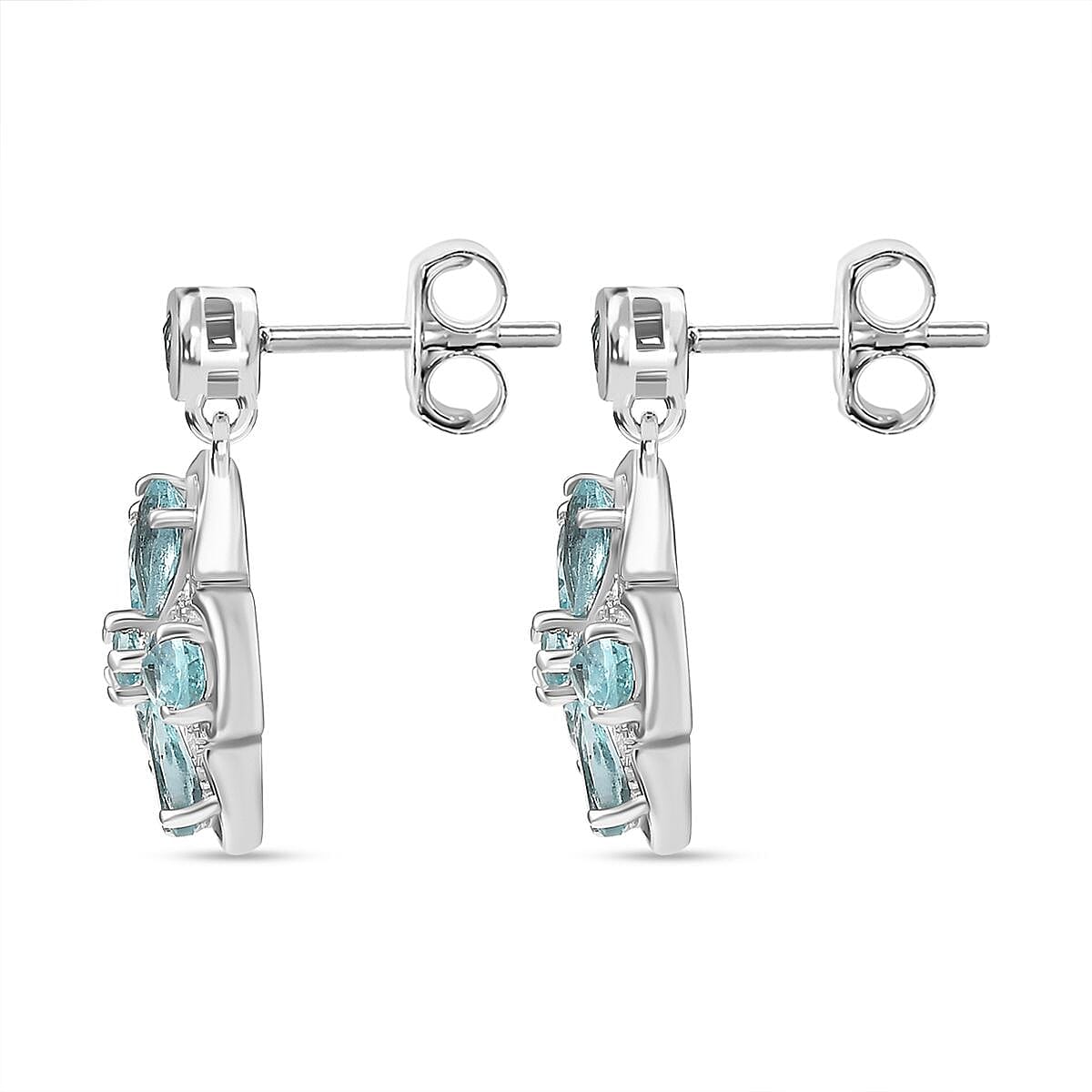 Lagoon Apatite &amp; White Zircon Dangling Earring with Push Back in Rhodium Overlay Sterling Silver 2.82 Ct. 8064478 5