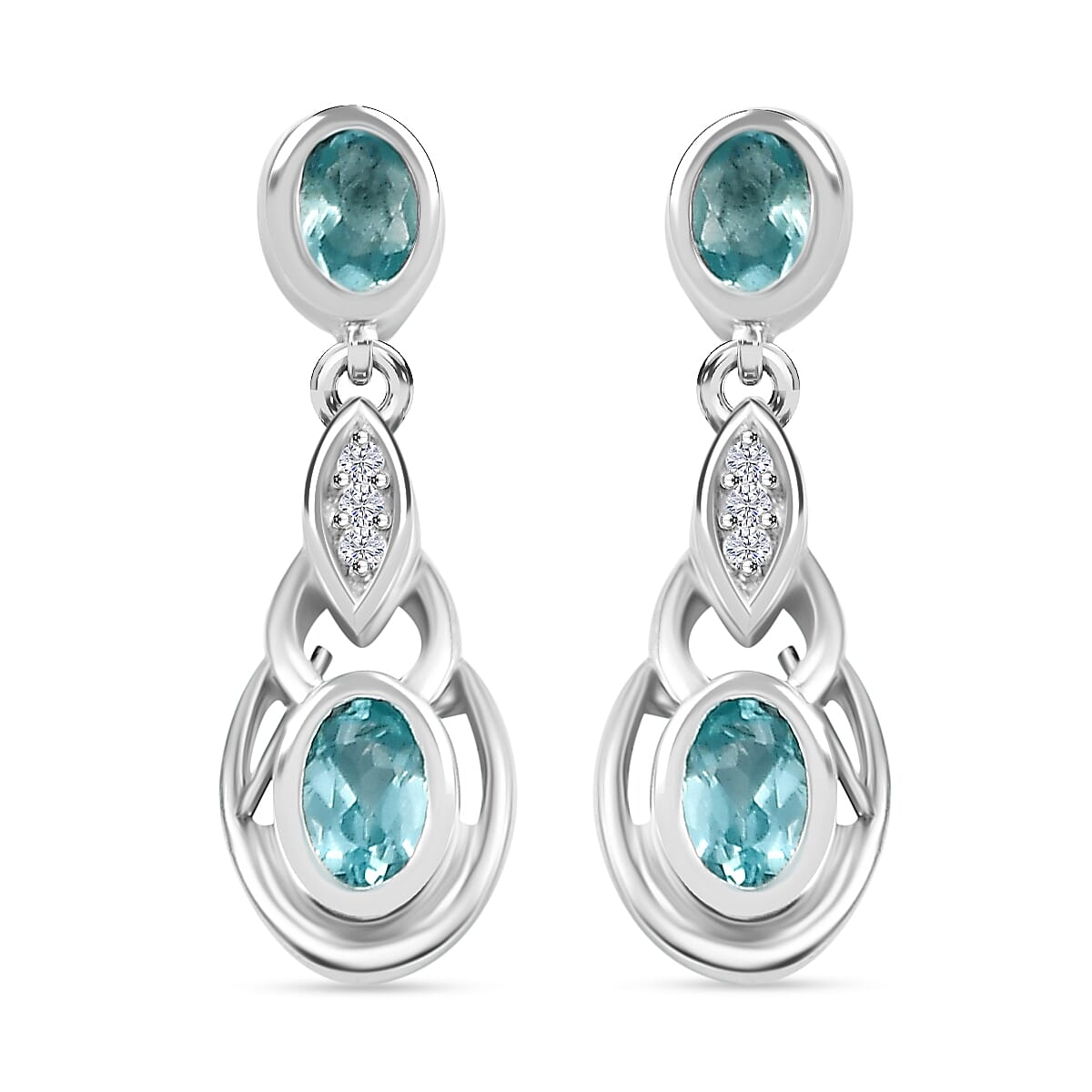 Lagoon Apatite &amp; White Zircon Dangling Earrings with Push Back in Rhodium Overlay Sterling Silver 1.03 Ct. 7965224 0