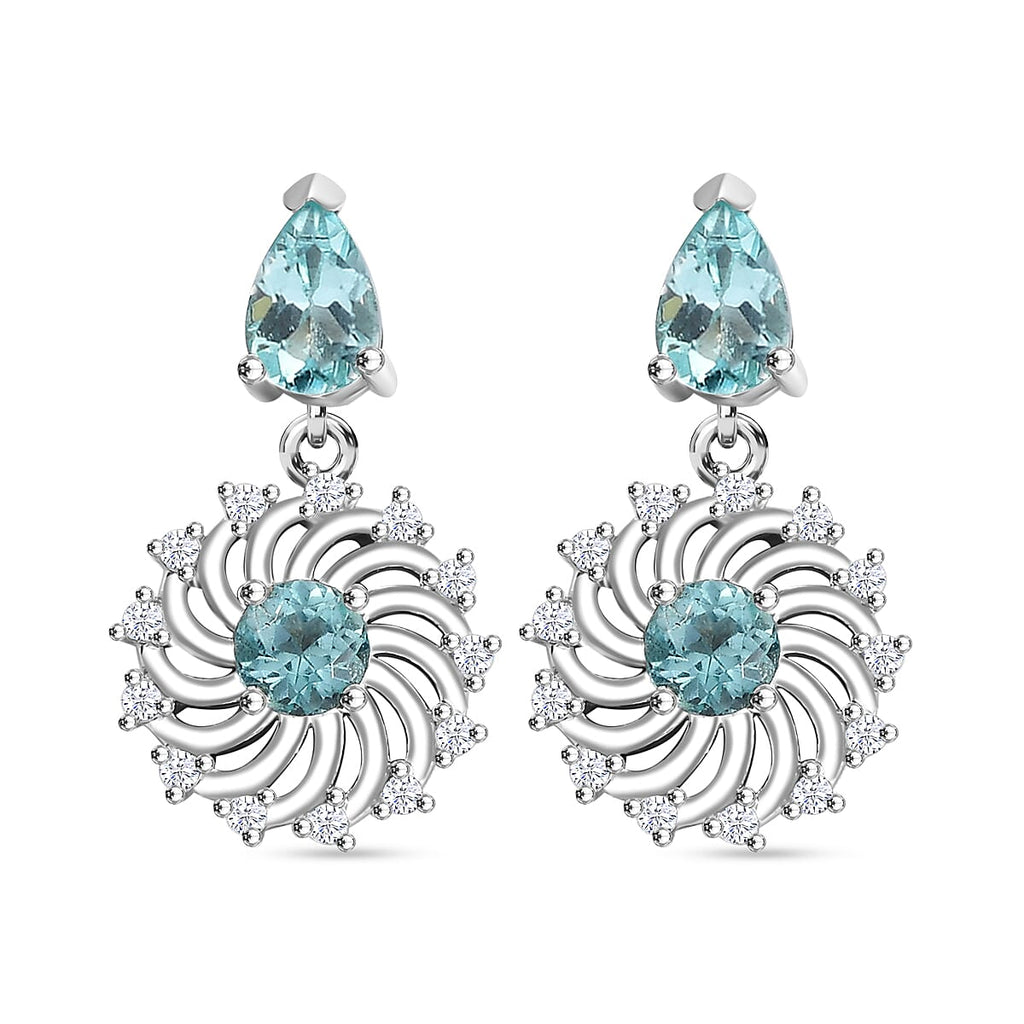Lagoon Apatite & White Zircon Dangling Earring With Push Back in Rhodium Overlay Sterling Silver 1.70 Ct.