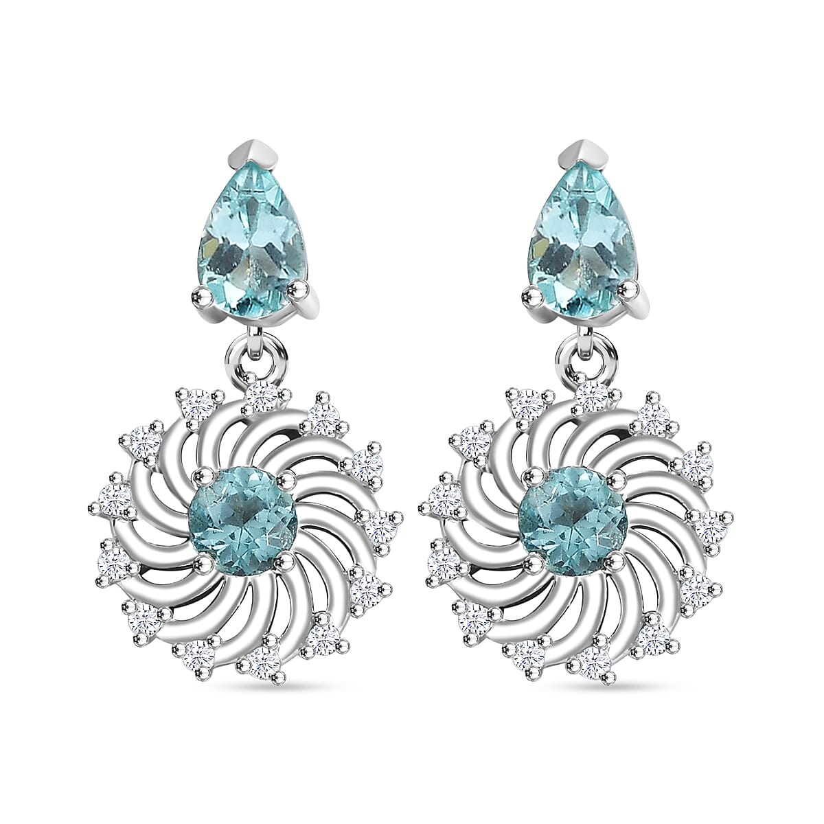 Lagoon Apatite &amp; White Zircon Dangling Earring With Push Back in Rhodium Overlay Sterling Silver 1.70 Ct. 7974203 0