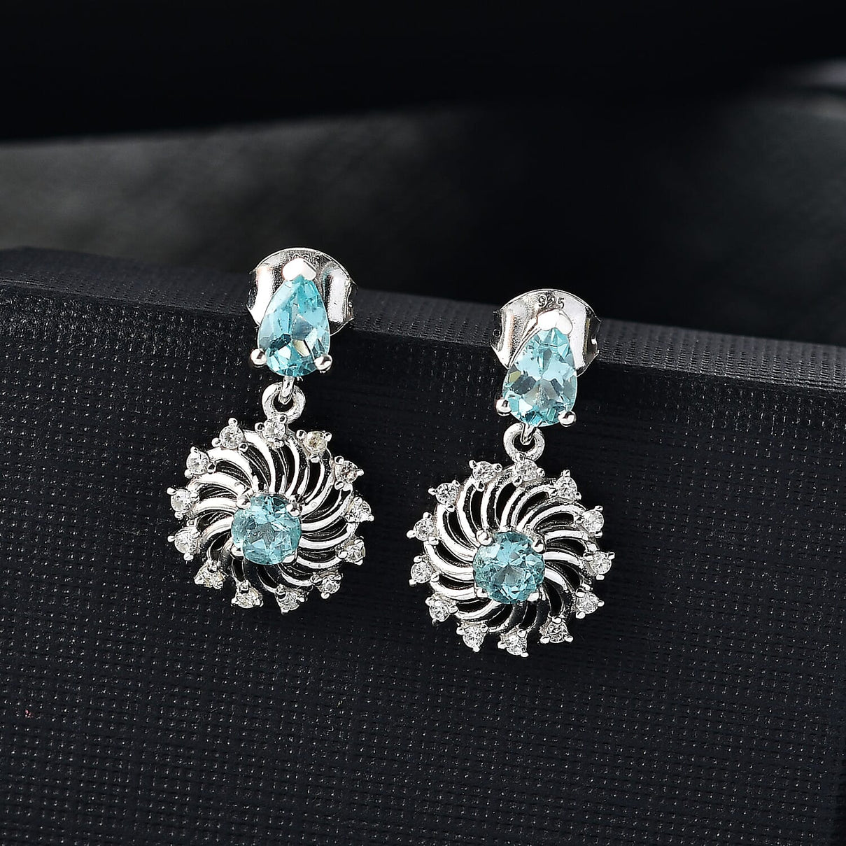 Lagoon Apatite &amp; White Zircon Dangling Earring With Push Back in Rhodium Overlay Sterling Silver 1.70 Ct. 7974203 1