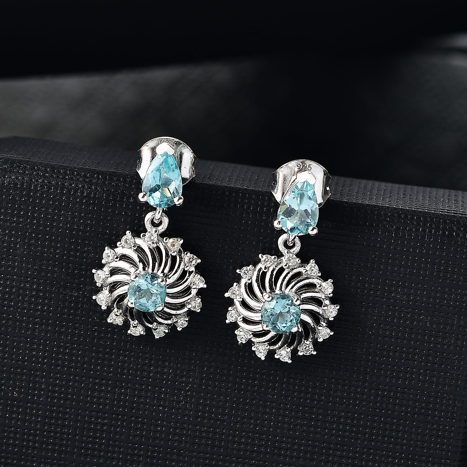 Lagoon Apatite &amp; White Zircon Dangling Earring With Push Back in Rhodium Overlay Sterling Silver 1.70 Ct. 7974203 1