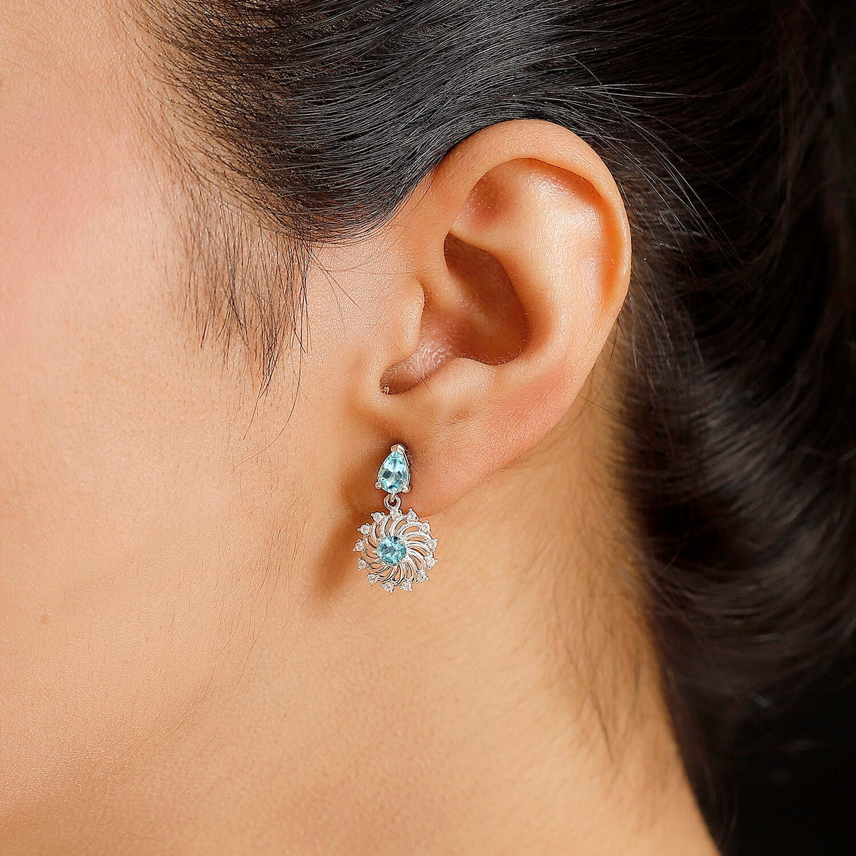 Lagoon Apatite &amp; White Zircon Dangling Earring With Push Back in Rhodium Overlay Sterling Silver 1.70 Ct. 7974203 2