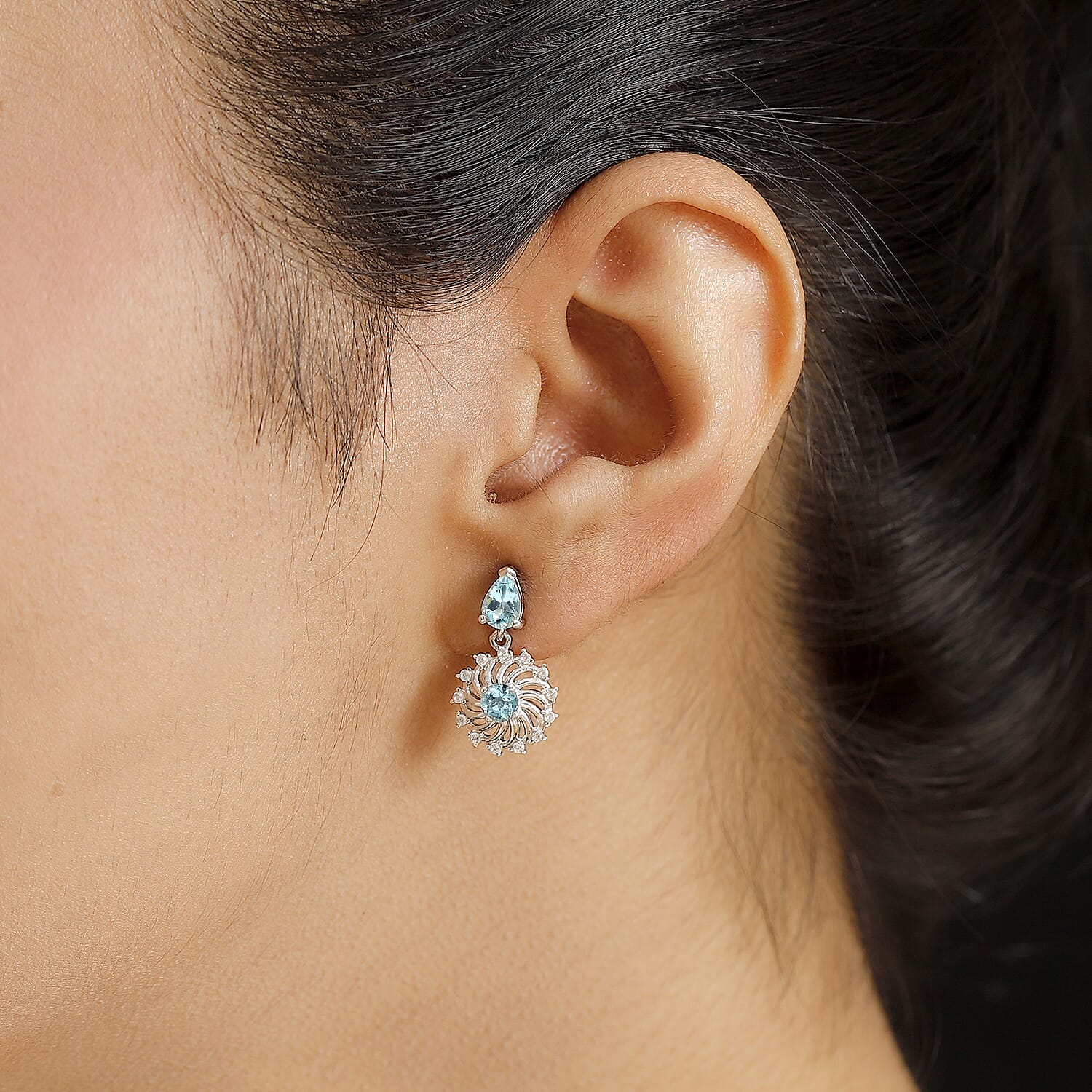 Lagoon Apatite &amp; White Zircon Dangling Earring With Push Back in Rhodium Overlay Sterling Silver 1.70 Ct. 7974203 2