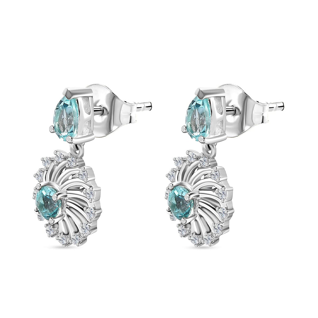 Lagoon Apatite & White Zircon Dangling Earring With Push Back in Rhodium Overlay Sterling Silver 1.70 Ct.