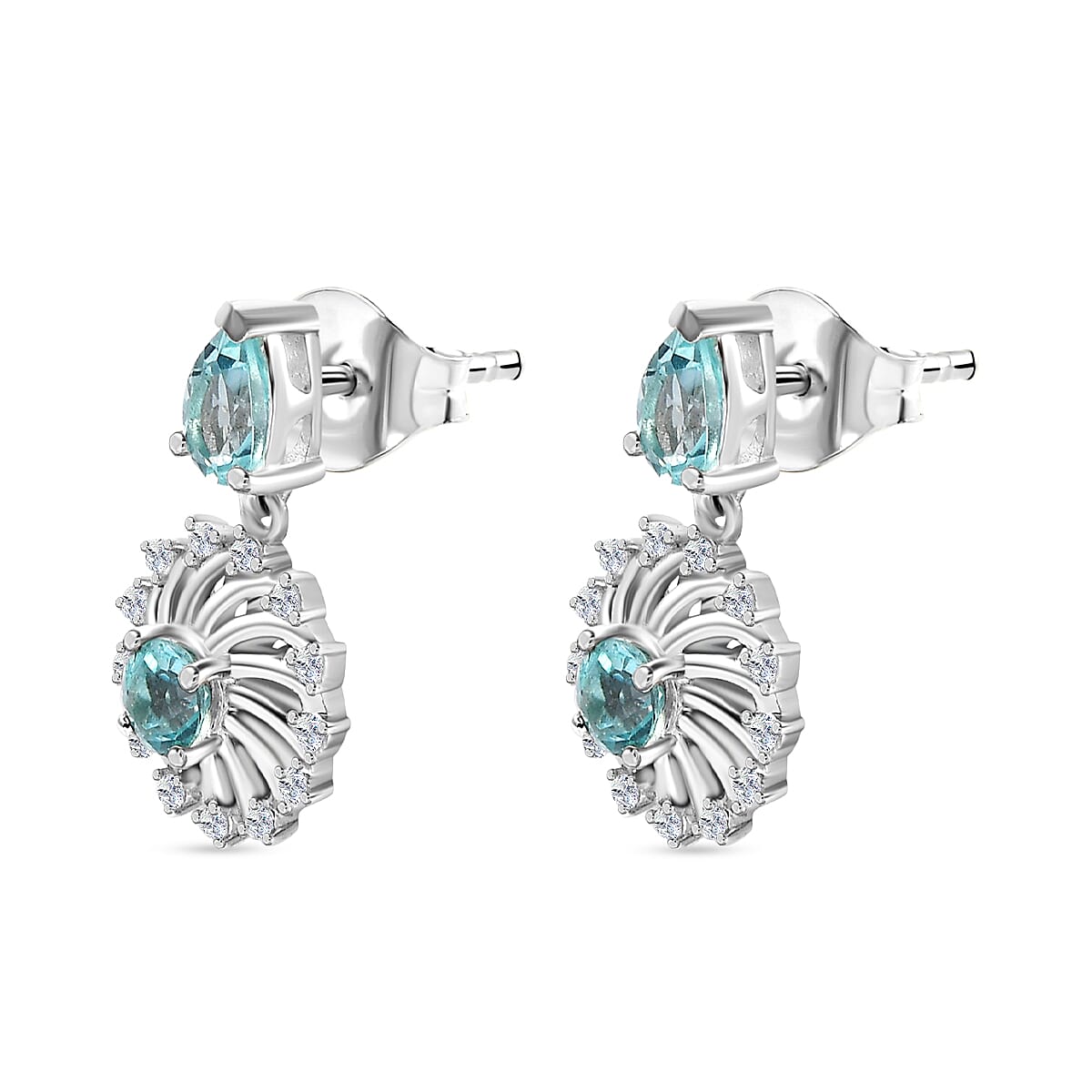 Lagoon Apatite &amp; White Zircon Dangling Earring With Push Back in Rhodium Overlay Sterling Silver 1.70 Ct. 7974203 3