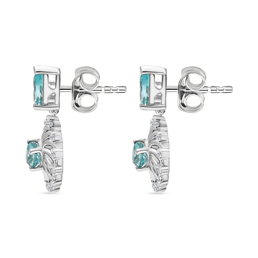 Lagoon Apatite & White Zircon Dangling Earring With Push Back in Rhodium Overlay Sterling Silver 1.70 Ct.