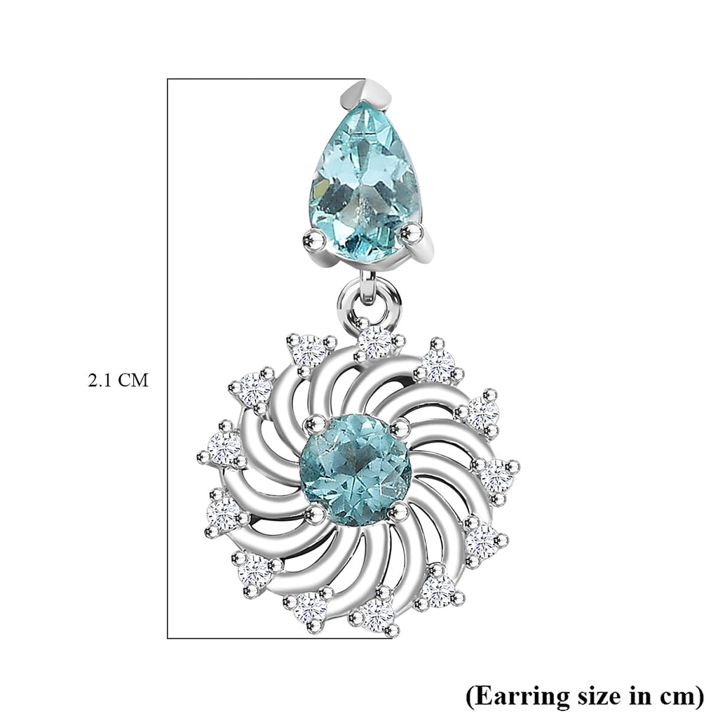 Lagoon Apatite & White Zircon Dangling Earring With Push Back in Rhodium Overlay Sterling Silver 1.70 Ct.