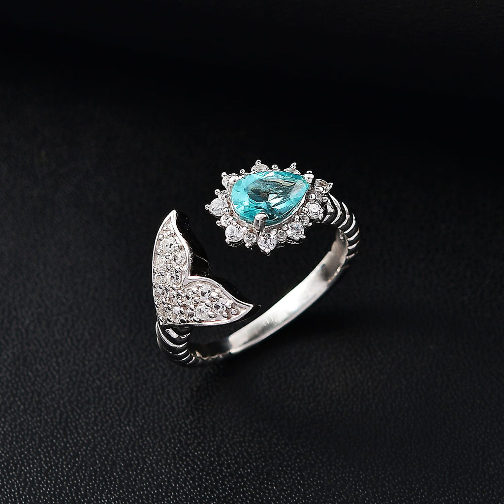Lagoon Apatite & White Zircon Fancy Ring in Rhodium Overlay Sterling Silver 1.25 Ct.