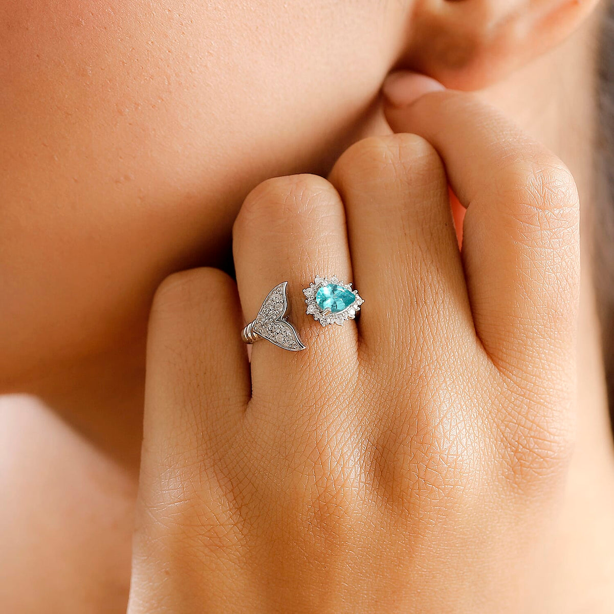 Lagoon Apatite &amp; White Zircon Fancy Ring in Rhodium Overlay Sterling Silver 1.25 Ct. 7965191 3