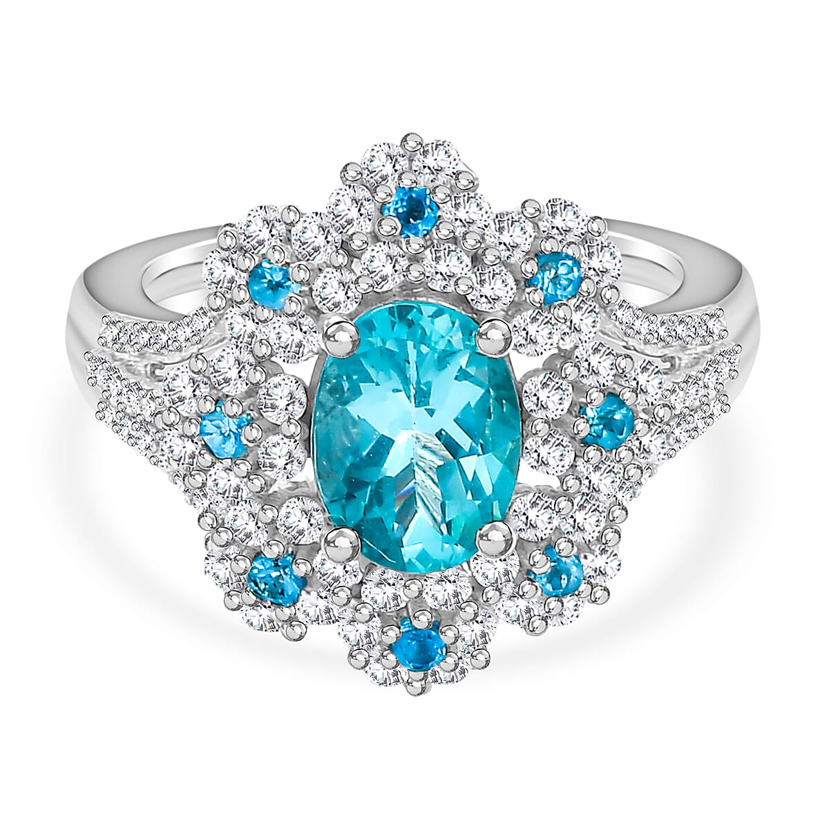 Lagoon Apatite, White Zircon &amp; Neon Apatite Floral Ring in Rhodium Overlay Sterling Silver 2.21 Ct. 7965378 0