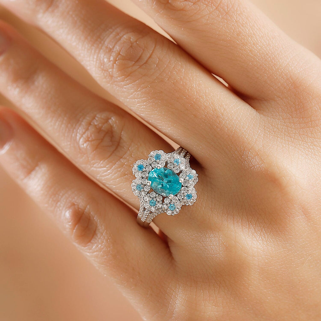Lagoon Apatite, White Zircon & Neon Apatite Ring in Rhodium Overlay Sterling Silver 2.21 Ct.