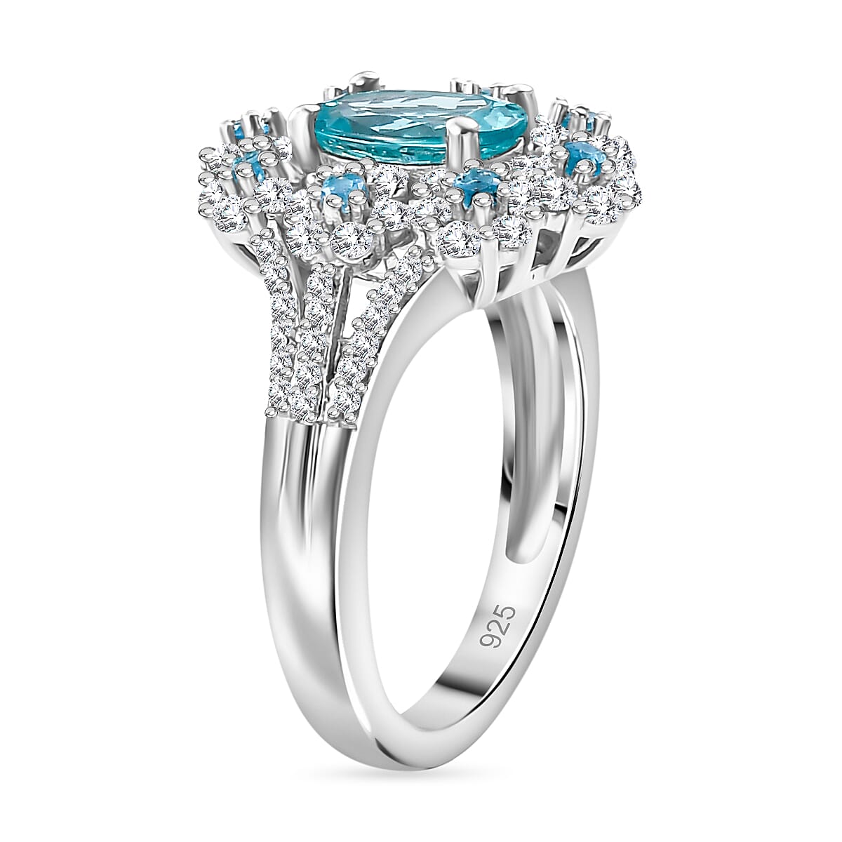 Lagoon Apatite, White Zircon &amp; Neon Apatite Floral Ring in Rhodium Overlay Sterling Silver 2.21 Ct. 7965378 3