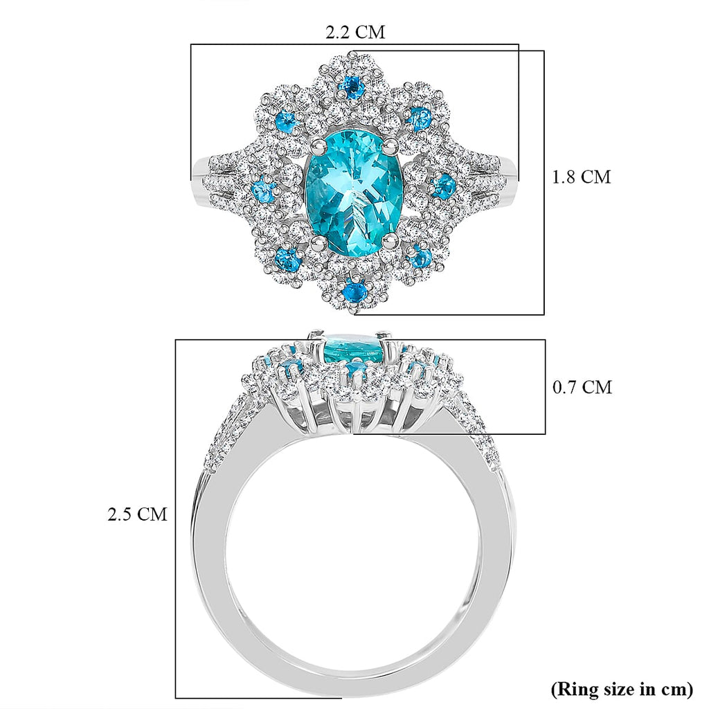 Lagoon Apatite, White Zircon & Neon Apatite Ring in Rhodium Overlay Sterling Silver 2.21 Ct.