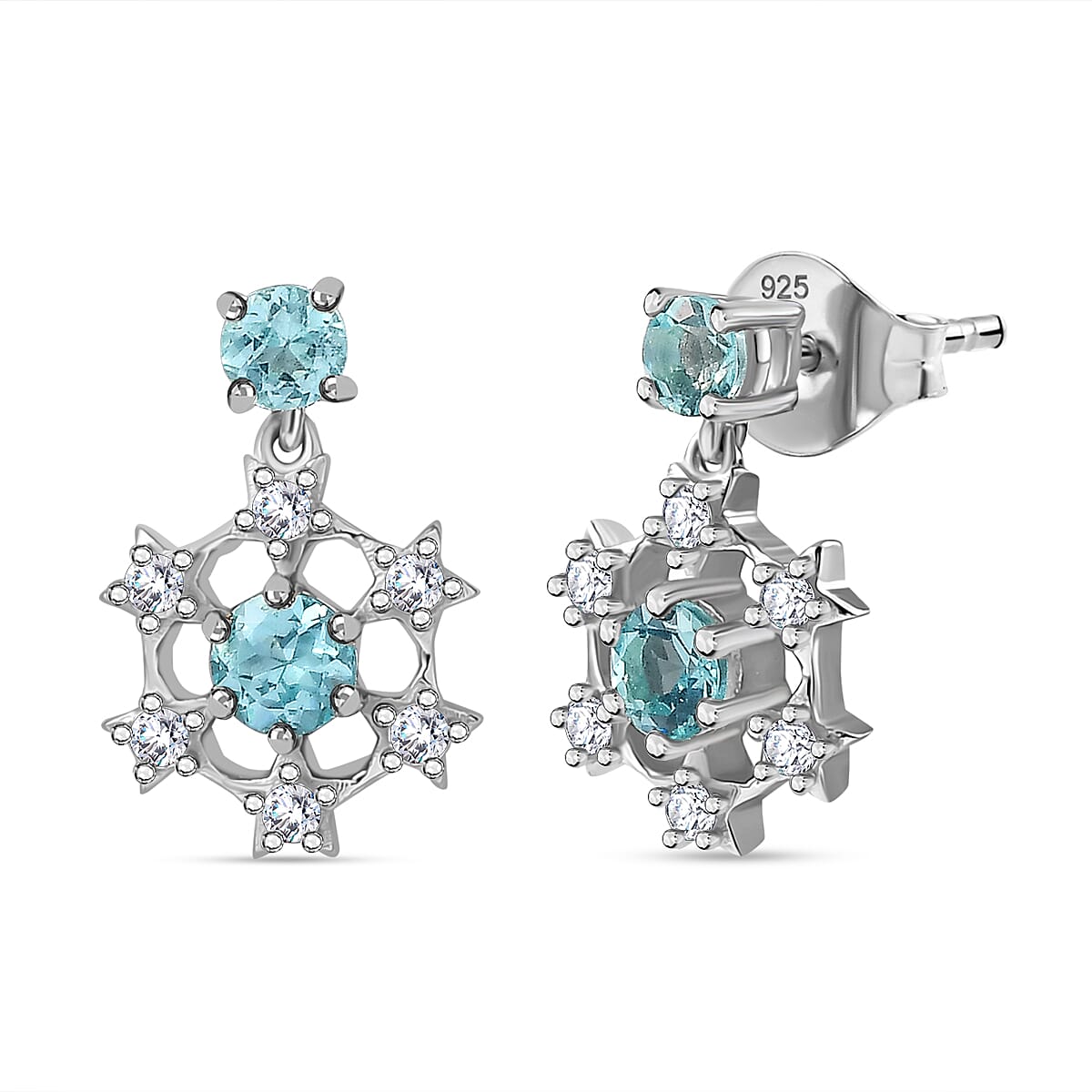 Lagoon Apatite &amp; White Zircon Solitaire Stud Earrings with Push Back in Rhodium Overlay Sterling Silver 1.35 Ct. 7967400 0