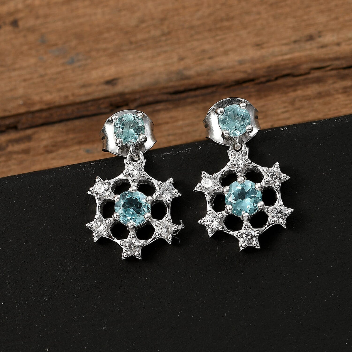 Lagoon Apatite &amp; White Zircon Solitaire Stud Earrings with Push Back in Rhodium Overlay Sterling Silver 1.35 Ct. 7967400 2