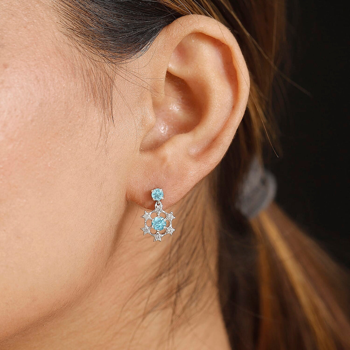 Lagoon Apatite &amp; White Zircon Solitaire Stud Earrings with Push Back in Rhodium Overlay Sterling Silver 1.35 Ct. 7967400 3
