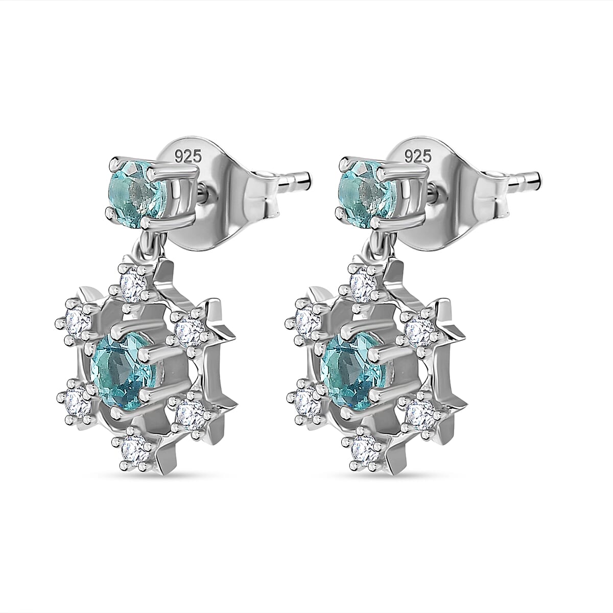 Lagoon Apatite &amp; White Zircon Solitaire Stud Earrings with Push Back in Rhodium Overlay Sterling Silver 1.35 Ct. 7967400 4
