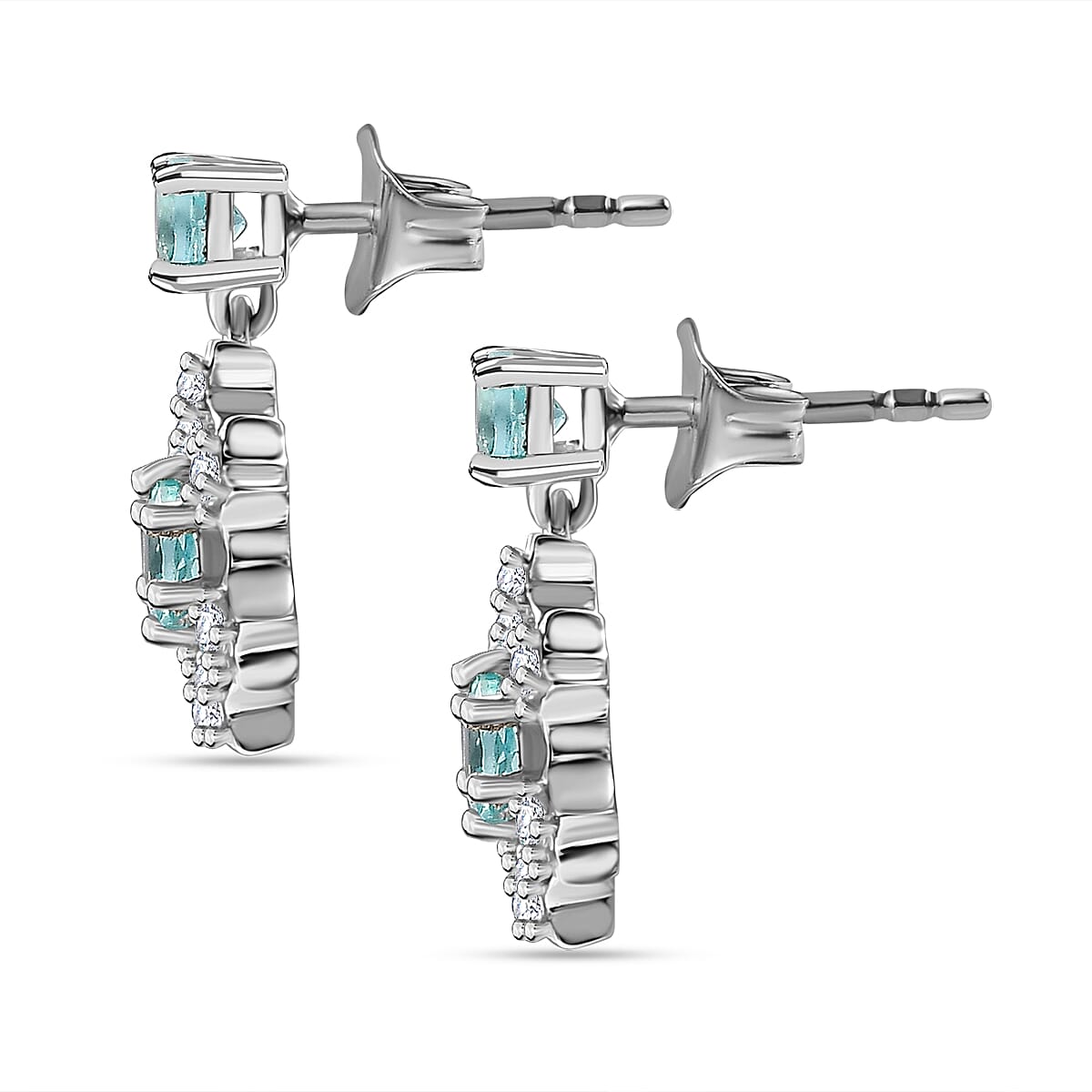 Lagoon Apatite &amp; White Zircon Solitaire Stud Earrings with Push Back in Rhodium Overlay Sterling Silver 1.35 Ct. 7967400 5