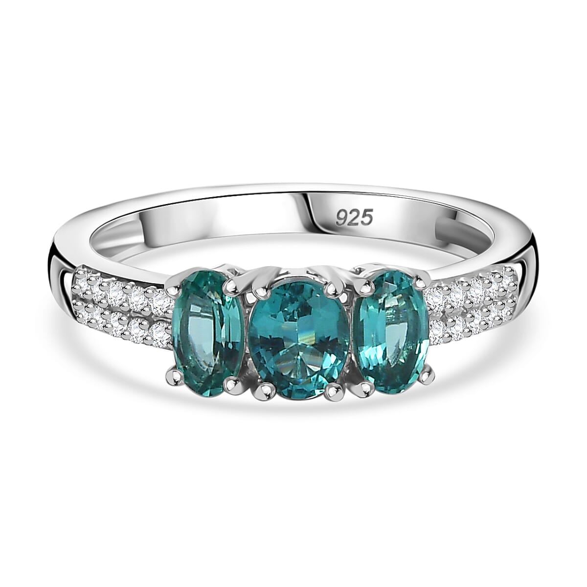 Lagoon Tourmaline, Moissanite 3-Stone Ring in Rhodium Overlay Sterling Silver 1.02  Ct. 7934224 0