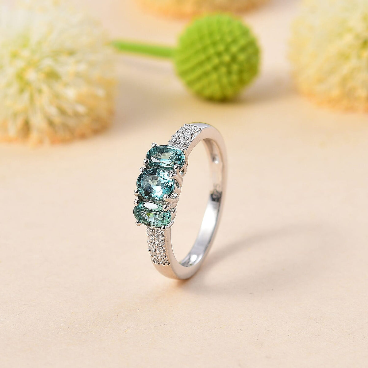 Lagoon Tourmaline, Moissanite 3-Stone Ring in Rhodium Overlay Sterling Silver 1.02  Ct. 7934224 2