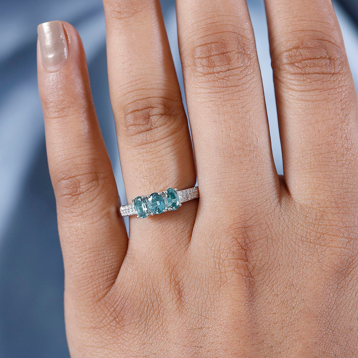 Lagoon Tourmaline, Moissanite 3-Stone Ring in Rhodium Overlay Sterling Silver 1.02  Ct. 7934224 3