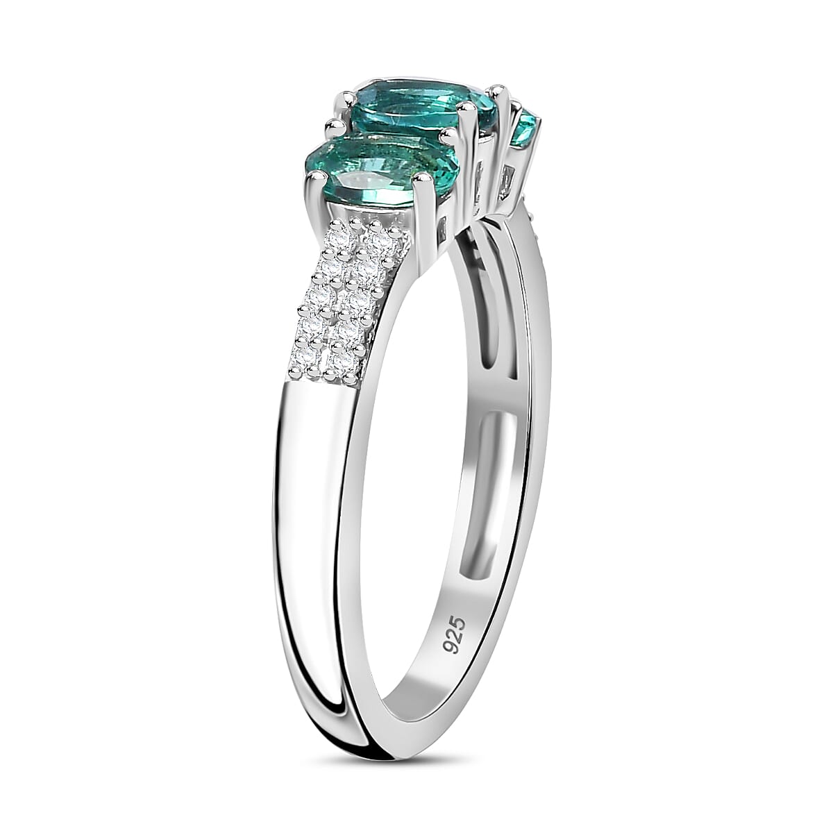 Lagoon Tourmaline, Moissanite 3-Stone Ring in Rhodium Overlay Sterling Silver 1.02  Ct. 7934224 4