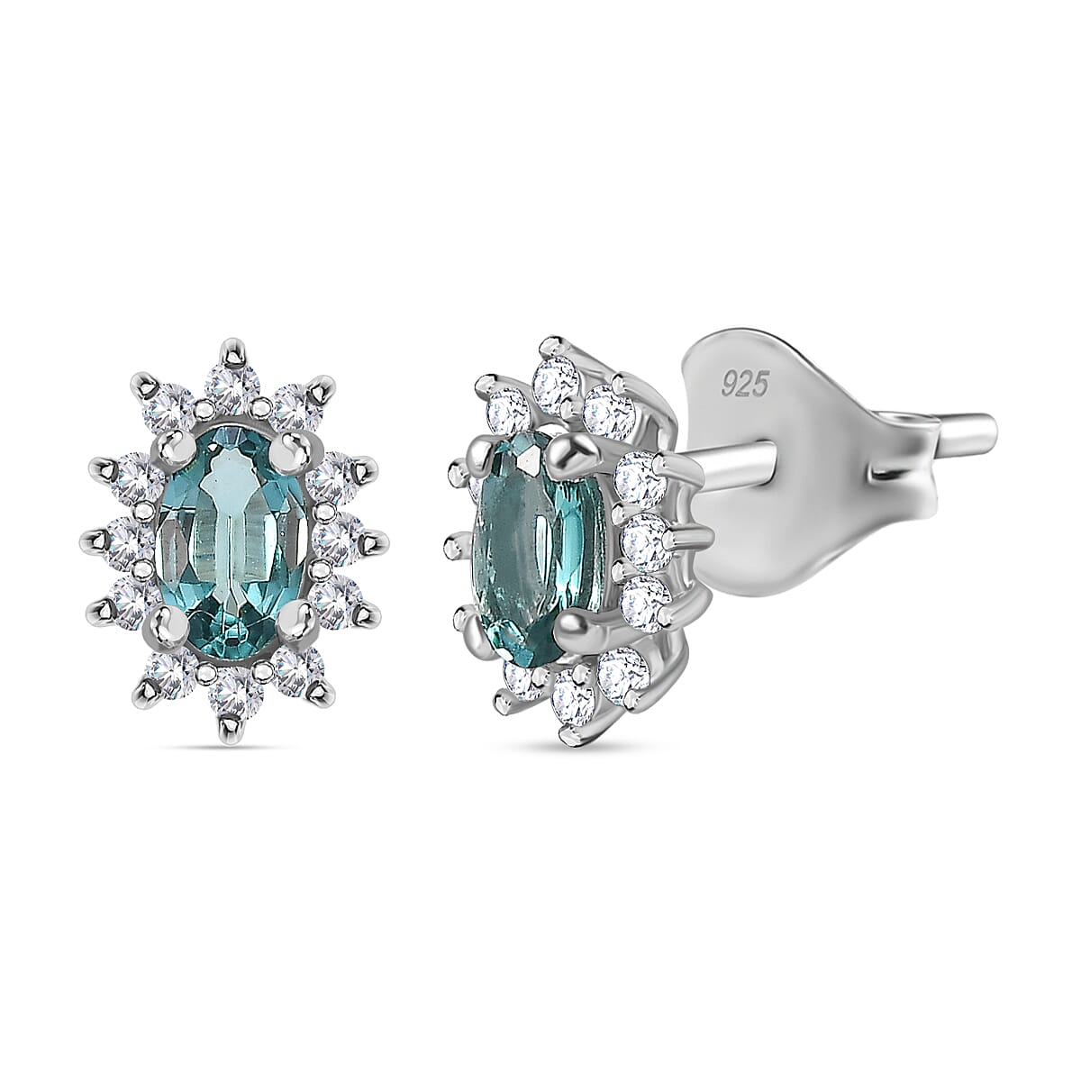 Lagoon Tourmaline &amp; Moissanite Solitaire Stud Earring (With Push Back) in Rhodium Overlay Sterling Silver 7930318 0